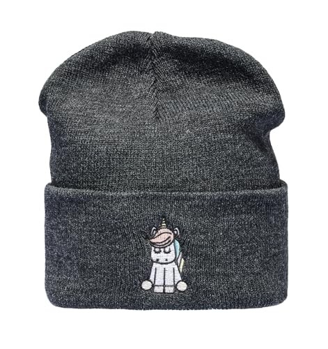 Baddery Strickmütze: Einhorn - Beanie/Winter/Woll-Mütze/Roll-Muetze/Kinder/Cool/Slouch/Herren Damen Fraue-en Männer/Lustig-e/Geschenk Freundin/Urban/Süss/Unicorn (Grau) von Baddery