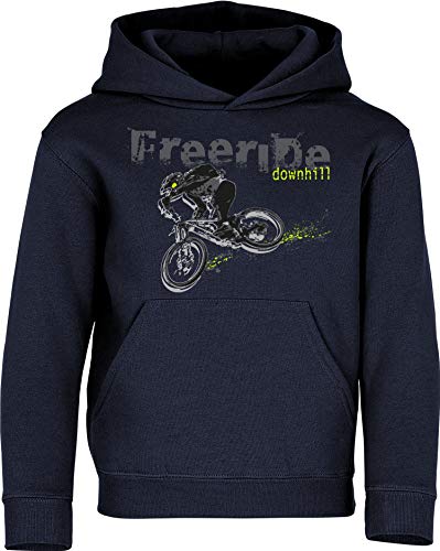 Kinder Pullover: Freeride Downhill - Hoodie Kapuzenpullover Pulli Fahrrad Geschenk-e Jungen & Mädchen - Radfahrer-in Mountain Bike MTB BMX Rad Outdoor Junge Kind Sport Geburtstag (Navy 140) von Baddery