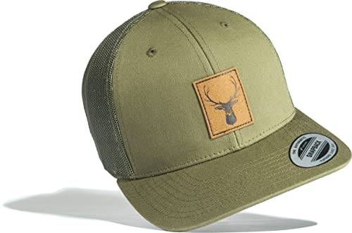 Cap Hirsch (Leder-Patch) Outdoor Cap Herren Flexfit Snapback - Basecap Herren & Damen - Kletter Ausrüstung Wander Zubehör (Trucker) von Baddery