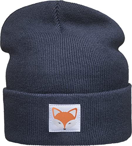 Patch Strickmütze für Kinder: Fuchs - Fox Comic Motiv Tiere Wald Outdoor Sport - Strickmütze Wintermütze Warme Mütze Beanie Kappe Kopfbedeckung Geschenk für Junge Jungen & Mädchen (Navy) von Baddery