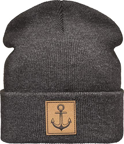 Strickmütze: Anker mit Leder Patch - Wollmütze Winter-Mütze - Seemann - Long Beanie Herren Damen Junge-n Mädchen Kind-er - Angler Kapitän Mütze - Schwarz - Streetwear - Geschenk (One Size Charcoal) von Baddery