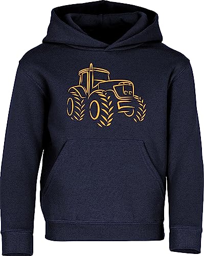 Traktor Pullover für Jungen - Trecker Hoodie Kinder - Bauernhof Pulli Junge (Navy 164 - Druck: Gelb) von Baddery