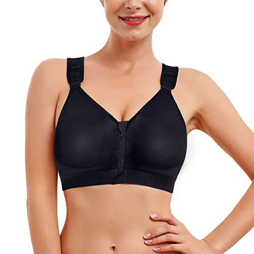 Bafully Damen Postoperativer Halt Sport BH Vorderverschluss Racerback Abnehmbar Gepolsterter BH(Schwarz, XXL) von Bafully