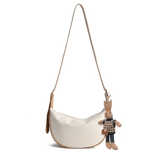 Balakaka Damen Halbmond Crossbody Schultertasche,Umhängetasche mit Verstellbarer Schultergurt,PU Handtasche mit Niedlichem Kaninchen-Anhänger,Weiß mit Khaki von Balakaka