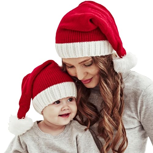 Balakaka Santa Plüsche Weihnachtsmann Mütze Bequeme Warm Nikolausmütze Gestrickt Elastisch Weihnachtsmann Hut mit Bommeln Rot Santa Weihnachten Mütze für Baby Kinder Erwachsene von Balakaka