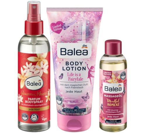 Balea 3er-Set Hautpflege: Parfum Bodyspray GLAMOROUS MOMENT erfrischendes Körperspray orientalisch-blumig (150 ml) + Bodylotion LIFE IS A FAIRYTALE (200 ml) + Massageöl MINDFUL MOMENT (100 ml), 450 ml von Balea