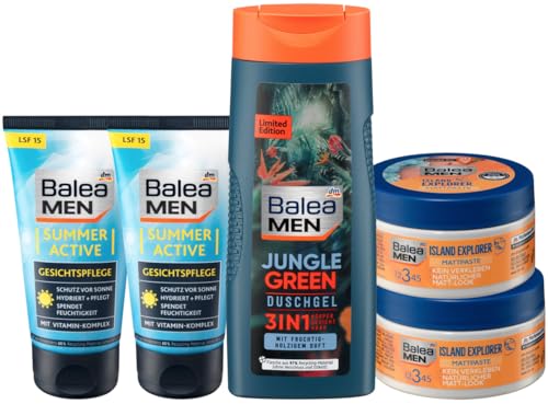Balea MEN 5er-Set Haut- und Haarpflege: Duschgel JUNGLE GREEN 3in1 für Körper Gesicht & Haar (300 ml) + Gesichtscreme SUMMER ACTIVE, LSF 15 (2 x 75 ml) + Mattpaste ISLAND EXPLORER (2 x 100 ml), 650 ml von Balea