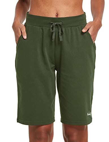 BALEAF Damen Bermuda Shorts Baumwolle Sweathose Sommerhose kurz mit Taschen für Yoga, Sport, Freizeit Oliv-grün XS von BALEAF