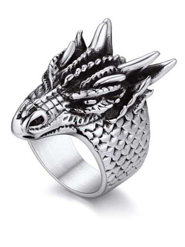 Bandmax Drachen Ring Herren Edelstahl Schlangenring Größe 62 MM Siegelring Freundschaftsring Gothic Schmuck für Jungen Mädchen von Bandmax