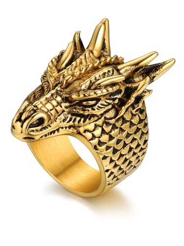 Bandmax Drachen Ring Herren Schlangenring Edelstahl Größe 72 MM Gold Ring Siegelring Gotik Modeschmuck für Jungen Mädchen von Bandmax