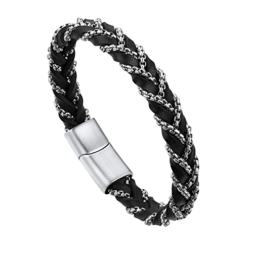 Bandmax Lederarmband Herren Manschette Armband Mikrofaser-Leder Armband mit Kette Männerarmband mit Magnetverschluss Länge 21CM Flechtarmband Schicke Armschmuck für Geburtstag Weinachten von Bandmax