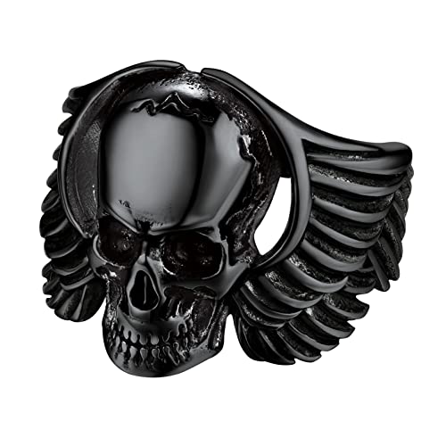 Bandmax Männer Jungen Flügel Totenkopfringe Schwarzer Ring Geflügelter Schädel Bandring aus Edelstahl Gothic Siegelring Totenkopf Fingerring Größe 69 Schädel Ringe Schmuck von Bandmax