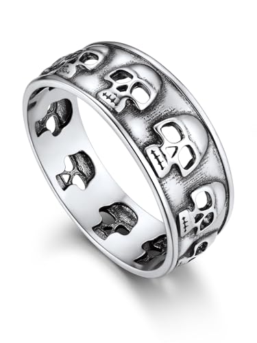 Bandmax Totenkopf Ring Herren Ring Damen Silber Vintage Ringe Größe 57mm Wickelring Fingerring 5mm breit Bandring Ring Schmuck Totenkopf Gothic Schädel Ring von Bandmax