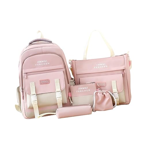 Baoblaze Rucksack Set, 5 Teilig, ästhetische Schultaschen, Niedliches Rucksack Set mit Umhängetasche, Bleistiftbeutel, Handtasche, Geldbörse, Rosa von Baoblaze