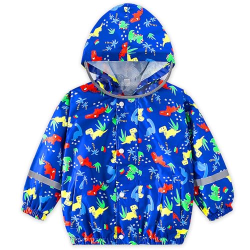 Baogaier Jungen Regenjacke Leicht Wasserdicht Softshelljacke Atmungsaktiv Mesh-Futter Übergangsjacke Reißverschluss Winddichte Blau Dinosaurier Kleinkind Outdoorjacke, Gr.92-98 von Baogaier