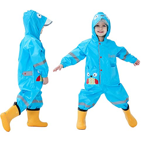 Baogaier Regenmantel Kapuze Kinder Mädchen Jungen Atmungsaktiv Wasserdicht Leicht Regenanzug Einteilig Outdoor Regenponcho mit Transparenter Hutkrempe Blau Eule Zoo Overall Regen Regenjacken 6-7 Jahre von Baogaier