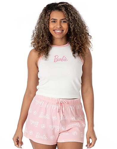 Barbie Damen Kurzer Pyjama | Damen Puppenlogo gerippte weiße Weste mit rosa elastischen Shorts Kleidung Nachtwäsche Merchandise von Barbie