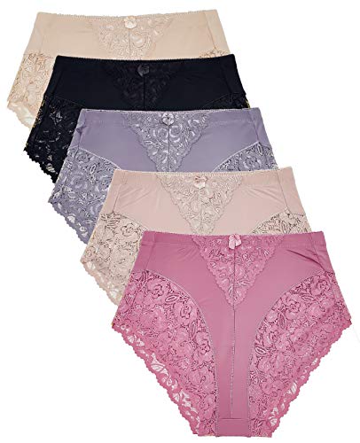 5er-Pack Damenunterwäsche, Übergröße, leichte Kontrolle, volle Abdeckung, Spitzen-Slip, Höschen - Schwarz - Large von Barbra Lingerie