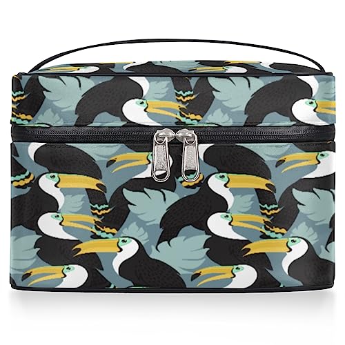 Tropische Vogel Tukane Blätter Kosmetiktasche Damen Große Reise Make-up Tasche Tiere Vögel Make-up Tasche Tragbare Make-up Tasche Box Reißverschluss Kulturbeutel, wie abgebildet, 9.2*6.2*5.9inch von Bardic