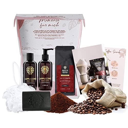 Einzigartiges Geschenk für Frauen | Premium Kaffee Wellness Geschenkset | 250g Kaffee, Cappuccino Duschgel und Seife, Kaffeepeeling, Duschschwamm (ganze Bohnen) von Barista Royal