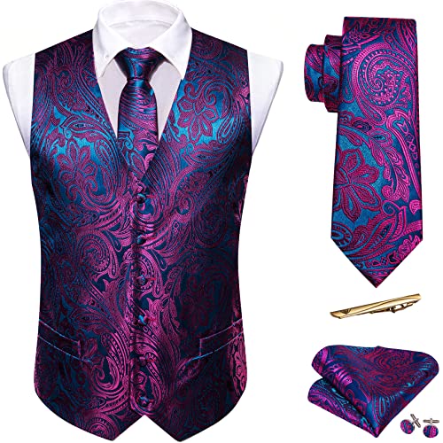 Barry.Wang Herren-Anzug mit Paisleymuster, V-Ausschnitt, Weste, formell, Freizeit, Seide, Jacquard-Weste, 5-teilig, Violett/Blau Paisleymuster, XXX-Large von Barry.Wang