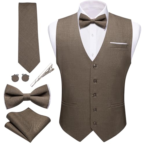 Barry.Wang Herren-Anzugweste, Leinen, formell/lässig, V-Ausschnitt, Krawatte, Fliege, Set, einfarbig, 6-teilig, Hochzeit, Party, Smoking, Dunkles Khaki, Small Barry.Wang Herren-Anzugweste, Leinen, formell/lässig, V-Ausschnitt, Krawatte, Fliege, Set, einfarbig, 6-teilig, Hochzeit, Party, Smoking, Dunkles Khaki, Small von Barry.Wang