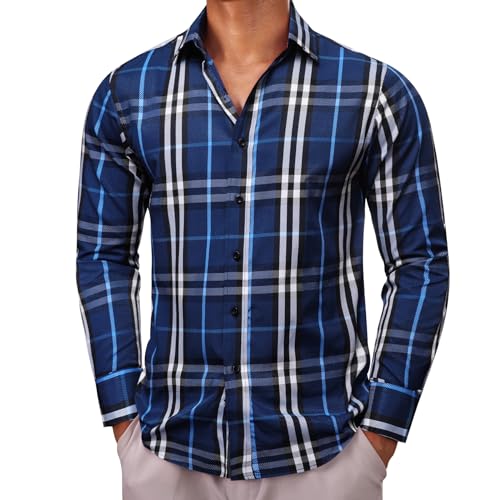 Barry.Wang Herren Karierte Hemden Langarm Knopfleiste Baumwolle Arbeitshemd Tägliches Casual/Formal Chambary Western Dress Shirts, Bnavy Blau Grau, XL von Barry.Wang