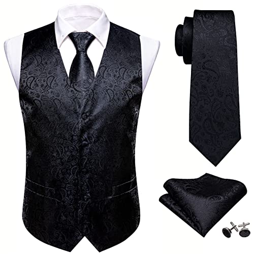 Barry.Wang Herren Paisleymuster Blume Jacquard Seide V-Ausschnitt Anzug Weste und Krawatte Einstecktuch Manschettenknöpfe für Hochzeit Smoking Abschlussball, Schwarz , L von Barry.Wang