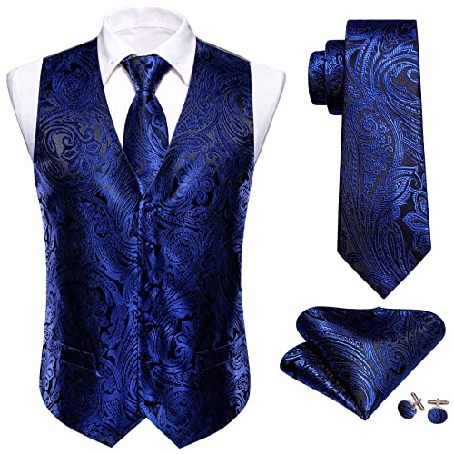 Barry.Wang Herren Paisleymuster Blume Jacquard Seide V-Ausschnitt Anzug Weste und Krawatte Einstecktuch Manschettenknöpfe für Hochzeit Smoking Abschlussball, marineblau, XXXL von Barry.Wang