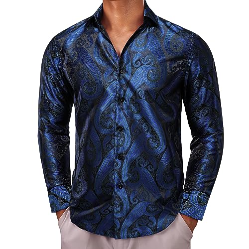 Barry.Wang Herren Seidenhemd Paisley Floral Langarm Regular Fit Hochzeit Party Casual Business Formal Kleid, marineblau, XL von Barry.Wang