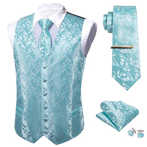 Barry.Wang Herren-Weste, Paisleymuster, Blumen-Krawatte, Einstecktuch, V-Ausschnitt, Business-Casual-Kleid, Weste, Krawatte, Anzug, Hochzeit, Party, hellblau, XXL von Barry.Wang