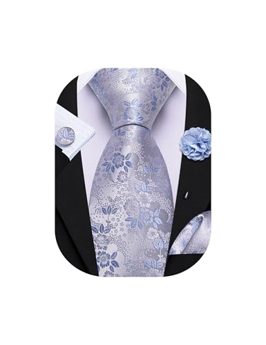 Barry.Wang Krawatte mit Blumenmotiv für Herren, Seidenkrawatte, Einstecktuch, Manschettenknöpfe, Set, formelle Hochzeit, Party, Business, Dusty Blue Silver, Einheitsgröße Barry.Wang Krawatte mit Blumenmotiv für Herren, Seidenkrawatte, Einstecktuch, Manschettenknöpfe, Set, formelle Hochzeit, Party, Business, Dusty Blue Silver, Einheitsgröße von Barry.Wang