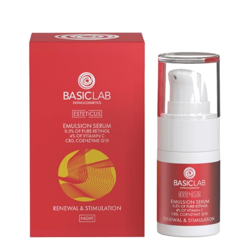 BasicLab Dermocosmetics Emulsion Gesichtsserum mit Retinol, Coenzym Q10 und Vitamin C | 30 ml | Anti-Falten Nachtserum für Frauen von BasicLab