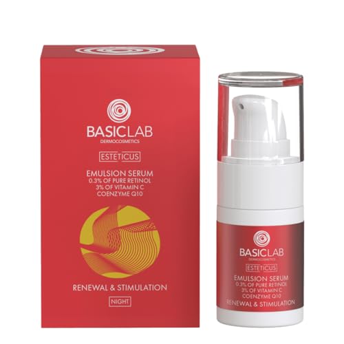 BasicLab Dermocosmetics Emulsion Gesichtsserum mit Retinol, Coenzym Q10 und Vitamin C | 15 ml | Anti-Falten Nachtserum für Frauen von BasicLab