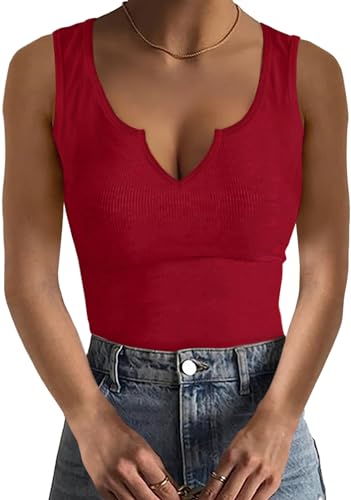 Basicspace Damen Ärmelloses Basic Tank Top Mode Einfach Sexy Lässig Schlank V-Ausschnitt Frühling und Sommer Rot Tops(L,Rot) von Basicspace