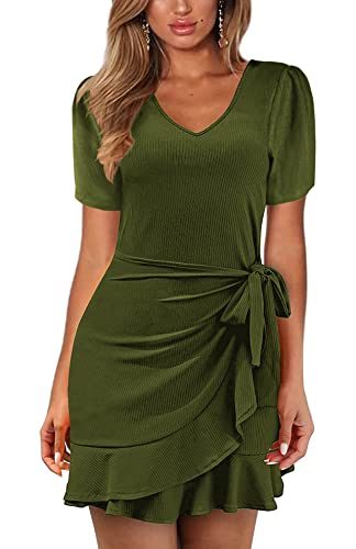 Basicspace Damen Freizeit Sommer Kurzarm V Ausschnitt Krawatte Knoten Enge Armee Grünes Plus Size Kleid(XXL,Armee grün) von Basicspace