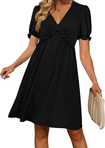 Basicspace Damen Freizeitkleid Sommer Kurzer Puffärmel V-Ausschnitt Schwarz Swing Knielang Babydoll Kleid(L,Schwarz) von Basicspace