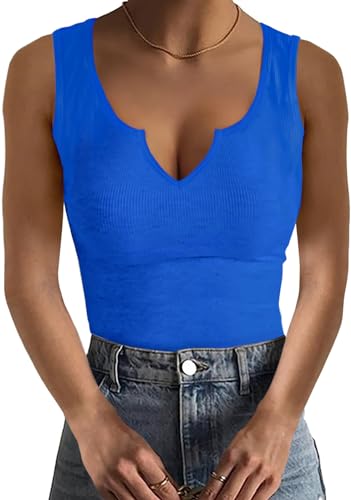 Basicspace Damen Mode Tank Top V-Ausschnitt Ärmellos Atmungsaktiv Weich Schlank Sexy Sommer Kleidung Blau Tops（L，Blau） von Basicspace