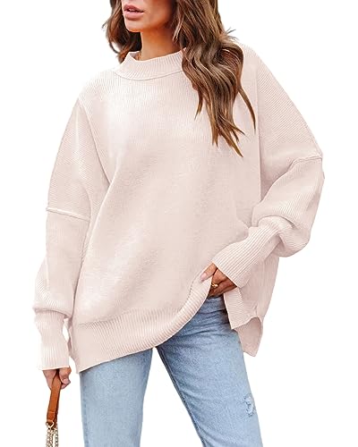 Basicspace Damen Pullover Casual Oversized Rundhals Fledermaus Langarm Strickpullover Locker Warme Herbst Winter Rippstrick Aprikose Sweater Tops(M,hellesBeige) von Basicspace