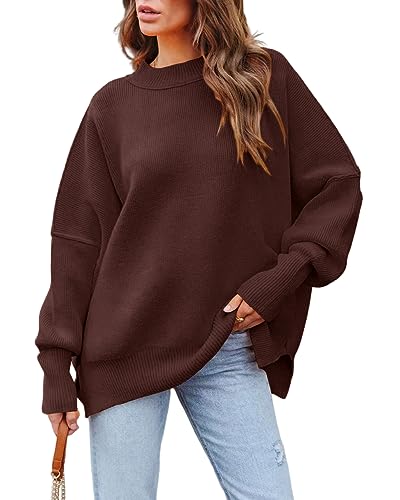 Basicspace Damen Pullover Casual Oversized Rundhals Fledermaus Langarm Strickpullover Locker Warme Herbst Winter Rippstrick Braun Sweater Tops(S,Braun) von Basicspace