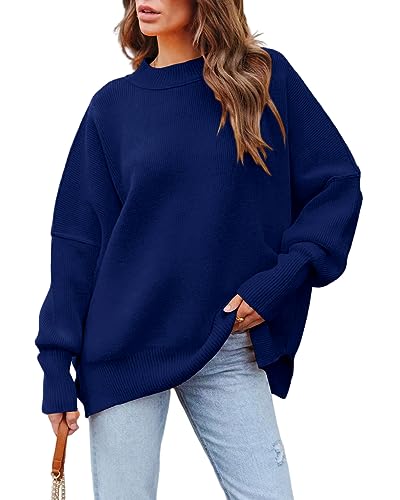 Basicspace Damen Pullover Lässig Übergroß Rundhals Fledermaus Langarm Strickpullover Lose Warme Herbst Winter Rippstrick Blau Sweater Oberteile(XL,Marineblau) von Basicspace