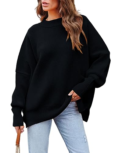 Basicspace Damen Pullover Lässig Übergroß Rundhals Fledermaus Langarm Strickpullover Lose Warme Herbst Winter Rippstrick Schwarz Sweater Oberteile(XL,helles Schwarz) von Basicspace