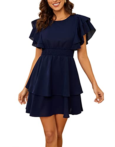 Basicspace Damen Sommer Chiffon Flatterärmel Elastische Taille Doppelschicht Rüschensaum Blaues Oversized Kleid(XXL,Blau) von Basicspace