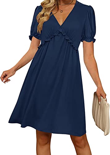 Basicspace Damen Sommer Freizeitkleider Puffärmel V-Ausschnitt Hohe Taille Tunika Marineblaues Baumwolle Kurzes Kleid(S,Marineblau) von Basicspace