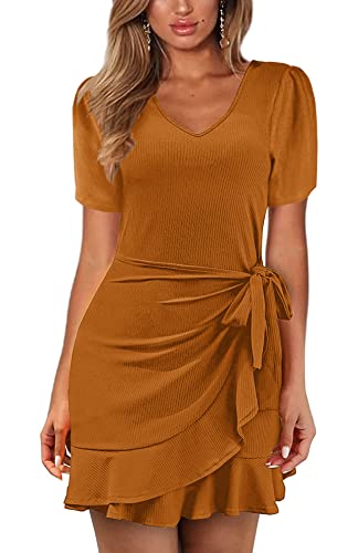 Basicspace Damen Sommer Krawatte Knoten Rüschen Über Knie Bodycon Mini Orange Braun Große Größe Kleid(XXL,Braun) von Basicspace