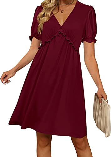 Basicspace Damen Sommerkleid Kurzarm Tunika Kleider Lose Swing Ruffle Weinrot A Linie Minikleid(S,Weinrot) von Basicspace