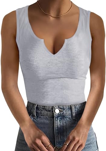 Basicspace Damen sexy Tank Top Lässig Ärmellos V-Ausschnitt Sport Mode sexy Frühling und Sommer Slim Elegante Grau Tops(L,grau) von Basicspace