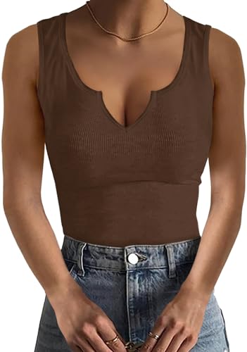 Basicspace Frühling Sommer Frauen ärmelloses T Shirt Schößchen Fashion Shirt Sexy Slim Fit Basic Ribbed Braun Vest (Braun,XXL) von Basicspace