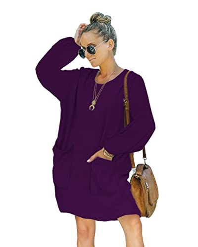 Basicspace Women Casual Dresses Long Sleeve Crew Neck Loose Swing Midi Dresses with Pockets(XL,Violett) von Basicspace