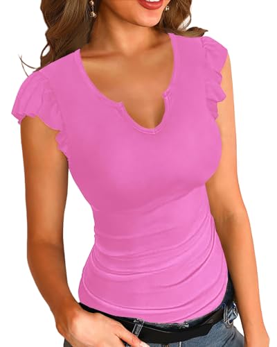 Basicspasce Damen Casual V-Ausschnitt Shirt Gerippte Rüschen Manschetten Kurzarm Slim Sommer T Shirt Basic Sommer Süße Rosa Tops（ Rosa ，XXL） von Basicspace